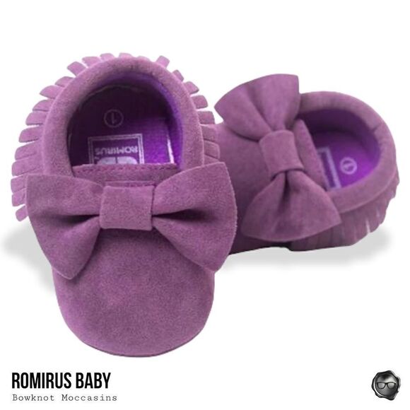 FIRST WALKERS ROMIRUS BABY SLIP-ON MOCCASINS W/ BOW & FRINGE IN PURPLE SUEDE - Picture 1 of 5